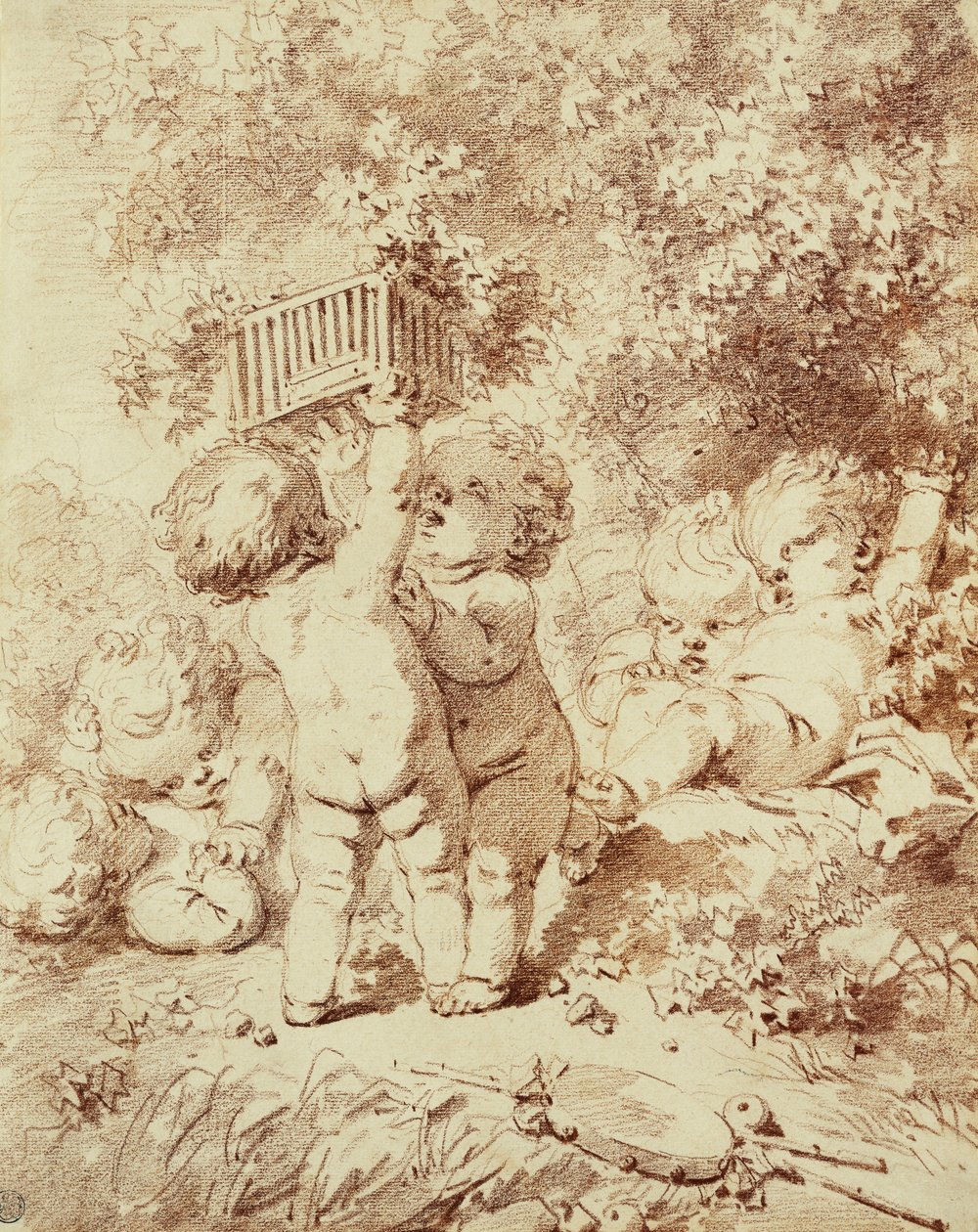 Seis Putti em jogo, dois segurando uma gaiola, de Jean Honore Fragonard