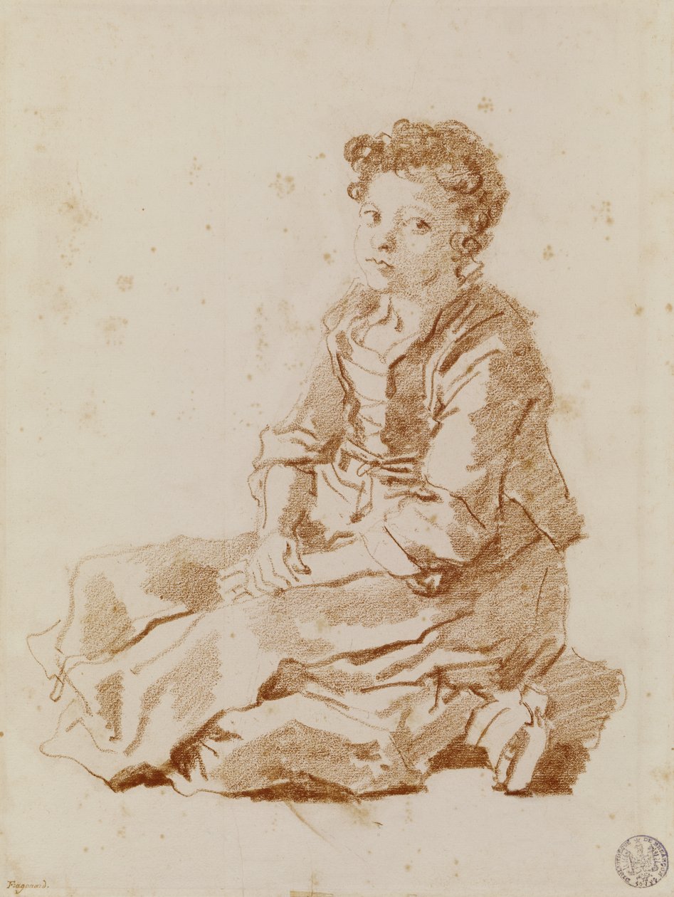 Pequena menina sentada no chão (giz vermelho sobre papel) de Jean Honore Fragonard