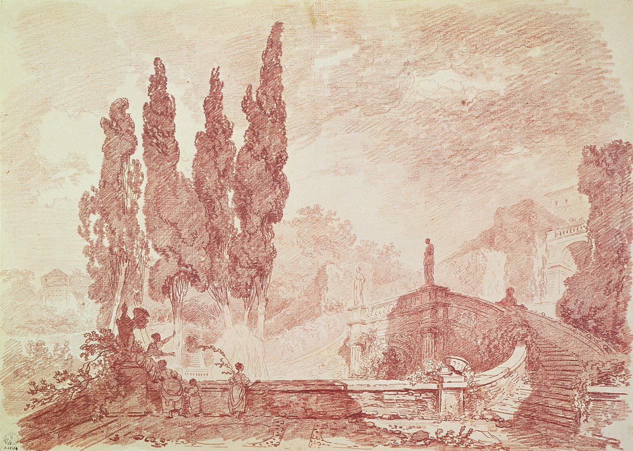 Escadaria nos jardins da Villa d&39;Este, Tivoli (giz vermelho sobre papel) de Jean Honore Fragonard