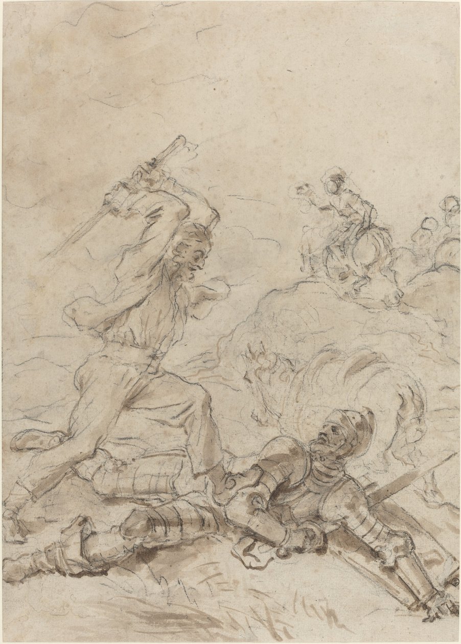 O arrieiro atacando Dom Quixote enquanto ele jaz indefeso no chão de Jean Honore Fragonard