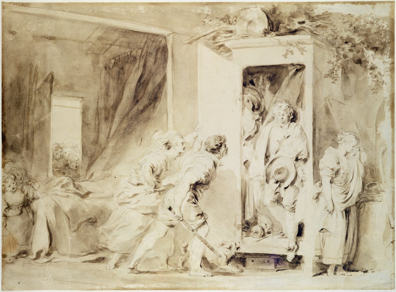 O amante surpreso, 1755 (lápis marrom sobre giz desenho preliminar) de Jean Honore Fragonard