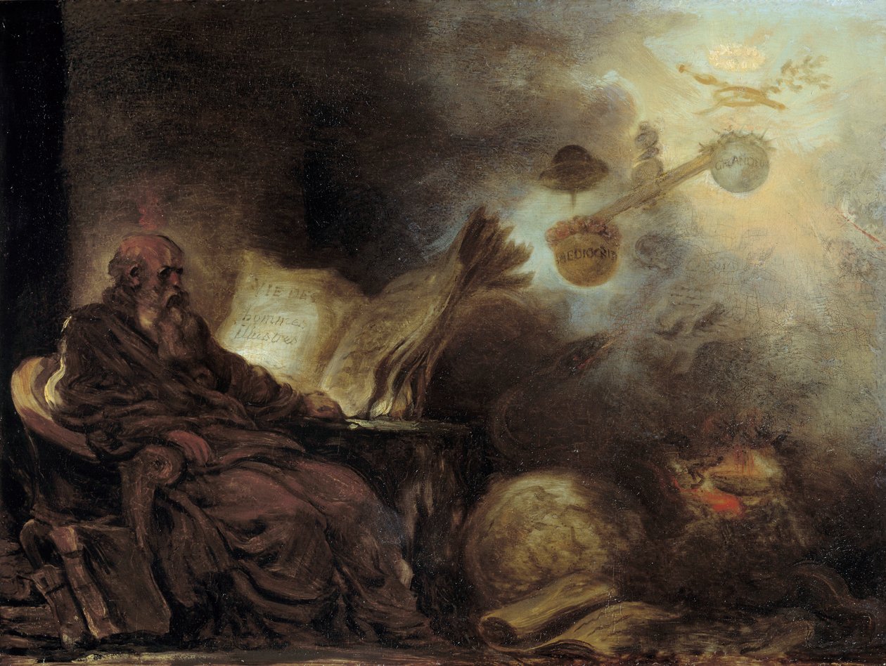O sonho de Plutarco ou Plutarco que compõe a vida de homens ilustres O velho homem é representado na meditação. Pintura de Jean Honore Fragonard (1732-1806) de Jean Honore Fragonard