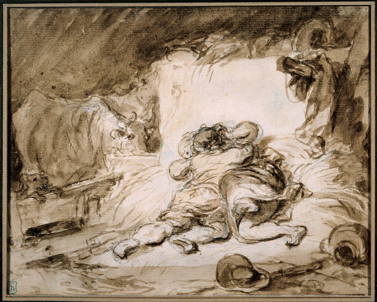O estábulo Um casal abraça-se num palheiro. Desenho na lavagem por Jean Honore Fragonard (1732-1806) Paris. Musee Cognacq Jay de Jean Honore Fragonard