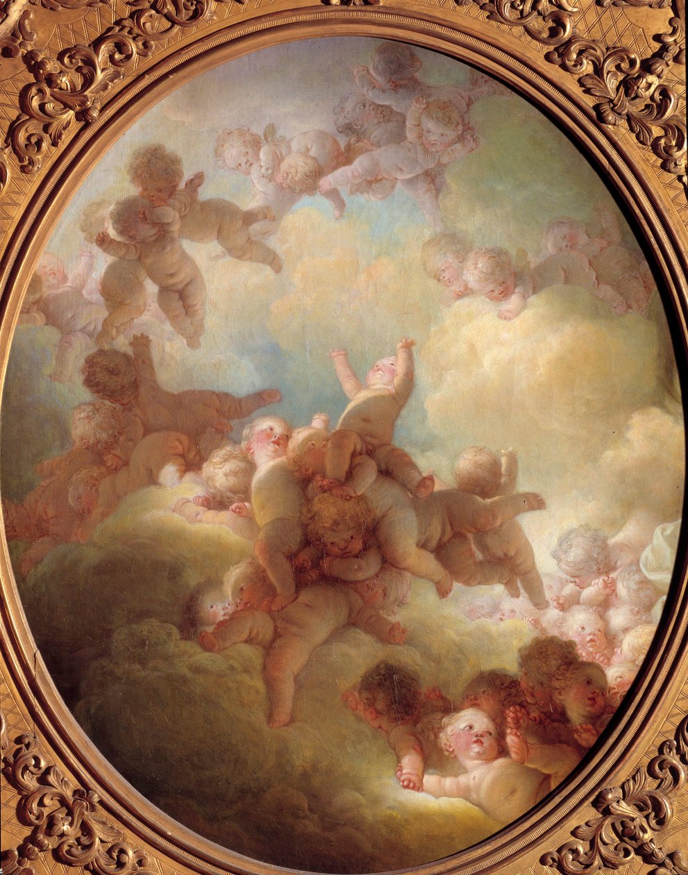 O enxame do Grupo do Amor nas nuvens. Pintura de Jean Honore Fragonard (1732-1806) Sol do século XVIII. 0,56x0,65 m Paris musee du Louvre de Jean Honore Fragonard