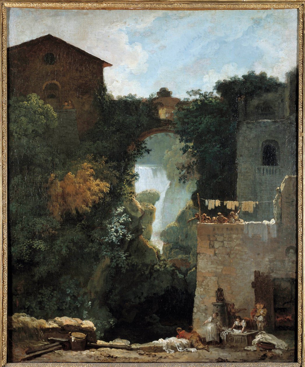 As cachoeiras de Tivoli Des lavandieres em uma paisagem de cachoeiras. Pintura de Jean-Honore Fragonard (1732-1806) Sol do século XVIII. 0,72x0,6 m. de Jean Honore Fragonard