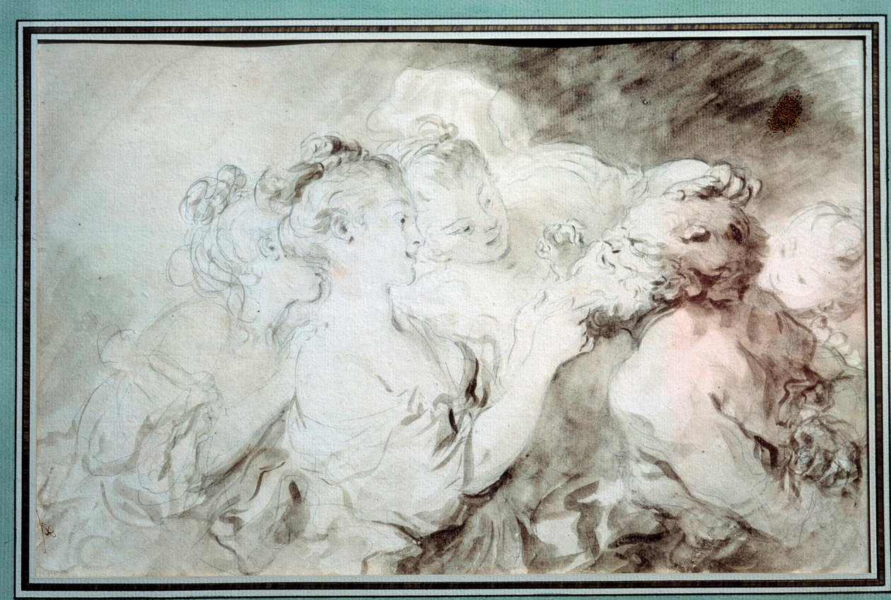 Moças jovens lutando um sátiro Moças se divertindo com a barba de um sátiro. Desenho no Bistre Wash de Jean Honore Fragonard (1732-1806) Coleção Privada do século XVIII de Jean Honore Fragonard