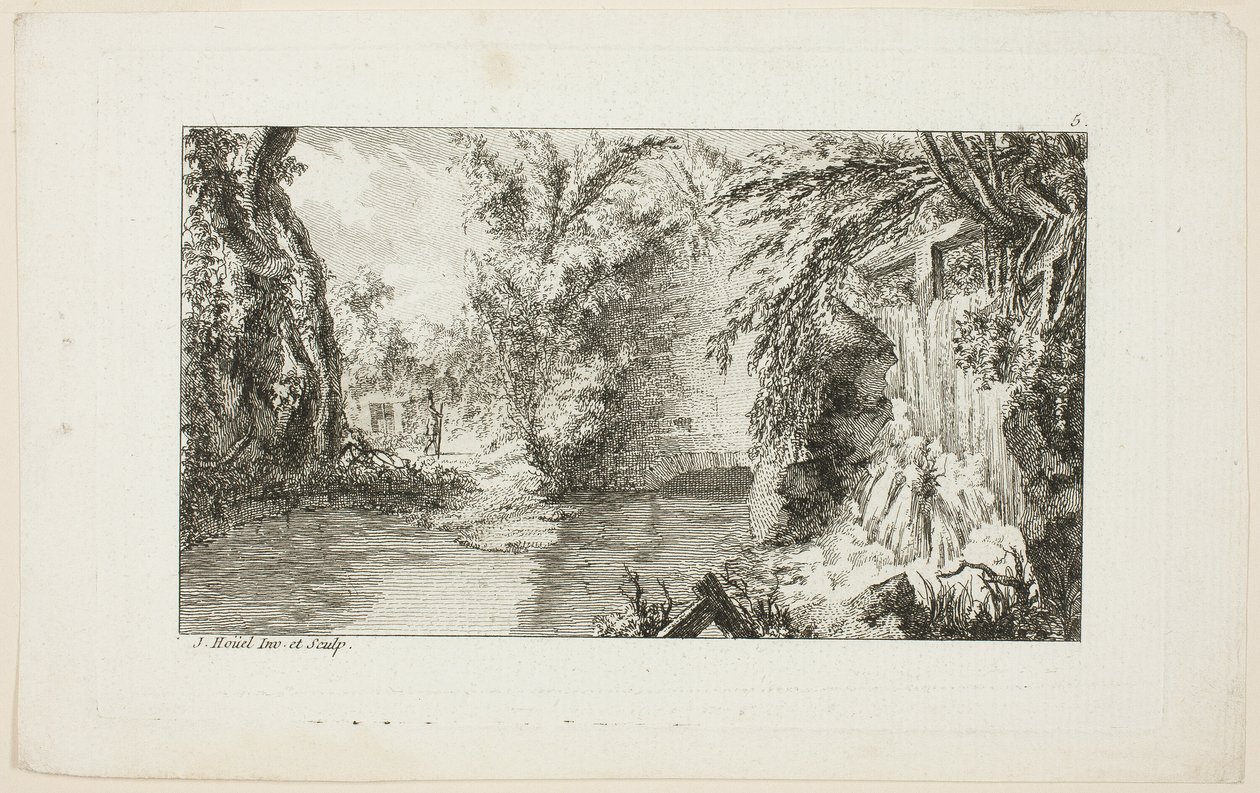 Paisagem com um caminhante e uma cascata, placa 5 da segunda suite Livre de paysages (Livro das paisagens) de Jean Hoüel