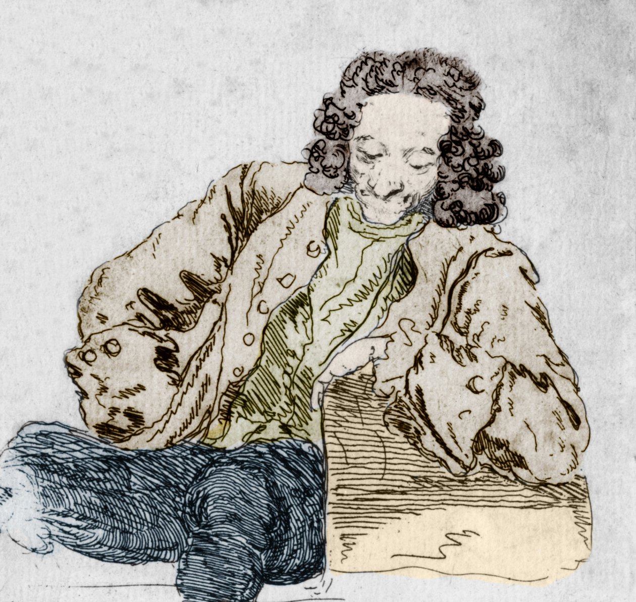 Retrato de François Marie Arouet, dit Voltaire (1694-1778) detalhe após "fisionomias diferentes de Voltaire", de Huber. de Jean Huber