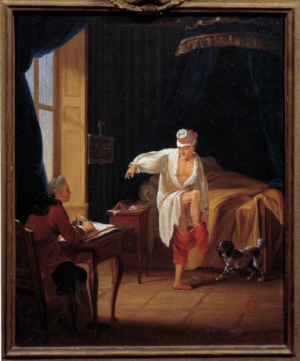 O escritor e filósofo Voltaire (1694-1778) tem a sua ascensão ditando ao seu secretário Collini a Ferney Painting de Jean Huber (1721-1786) Sol do século XVIII. 0,37 x 0,31 m Paris Musee Carnavalet de Jean Huber