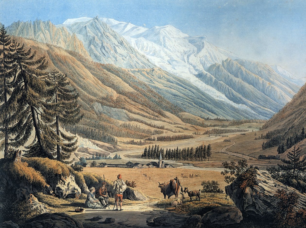 Vista do vale de Chamonix, a partir da aldeia de Argentiere, por Jean Daniel Huber durante uma viagem c. 1785 (gravura) de Jean Huber
