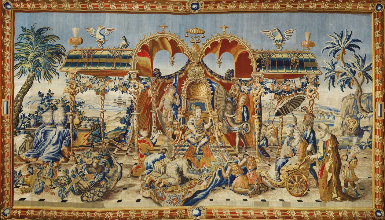 Audiência do imperador chinês. Tapeçaria de Jean II Barraband (ativo no século 18), lã de seda e fios de ouro e prata, por volta de 1715. Arte francesa de Jean II Barraband