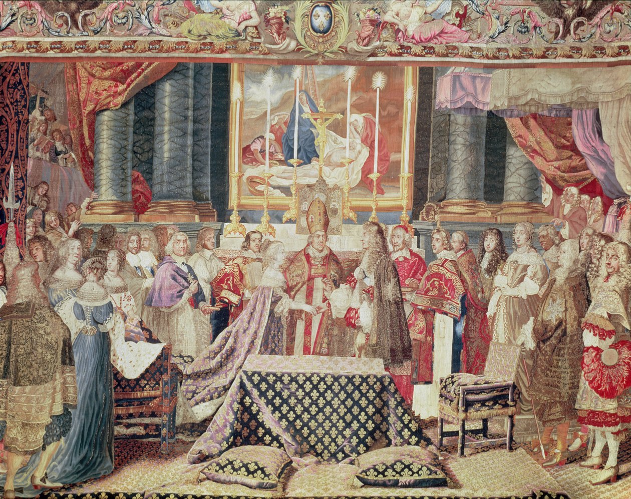 O casamento do rei (Luís XIV), de "A história do rei" de um desenho animado de Lebrun, tapeçaria dos Gobelins, tecida num tear de alta distorção (lã, seda e ouro) de Jean II Jans