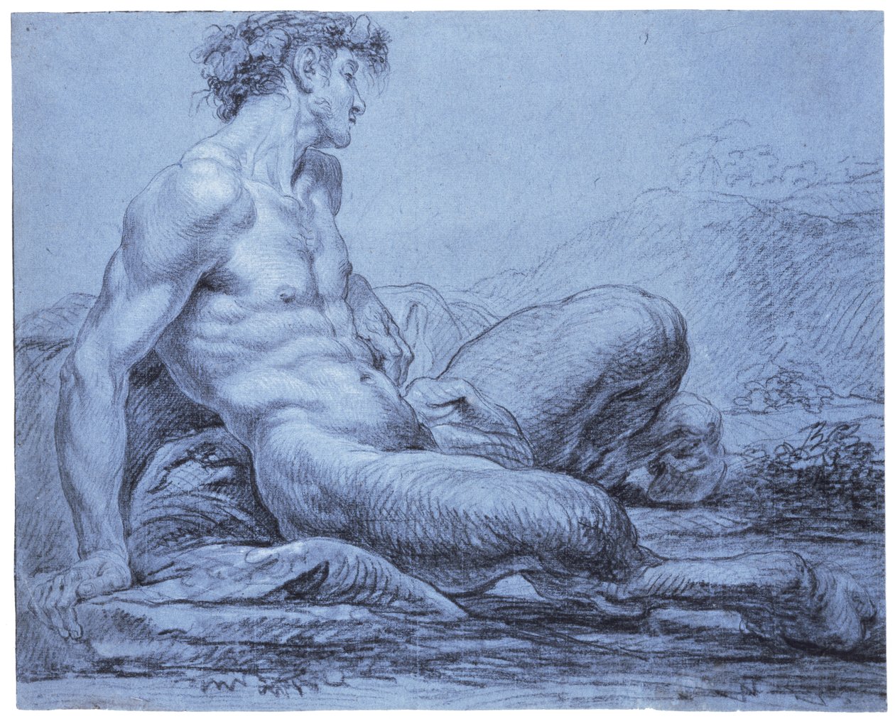 Um Fauno Sentado, c.1755-57 (giz preto e branco sobre papel azul) de Jean II Restout