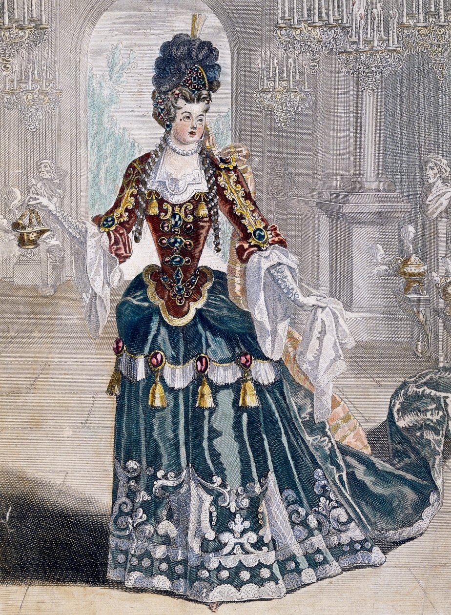 Retrato de Mademoiselle Desmatins (1682-1708), músico da Ópera, gravura de Jean Berain de Jean I  Berain