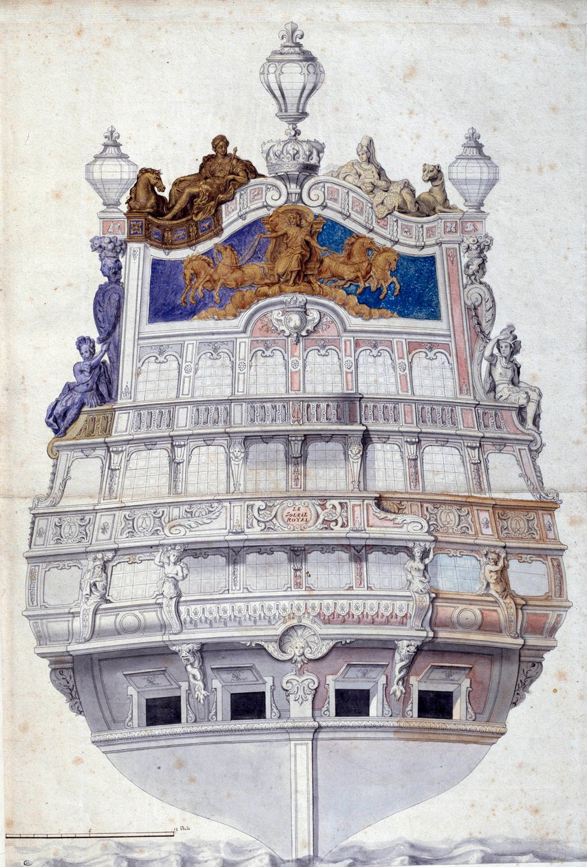 Decoração da popa do navio Le Soleil Royal" Watercolour de Jean I Berain (1640-1711) Sol. 0,6x0,4 m Paris, Musee du Louvre de Jean I  Berain