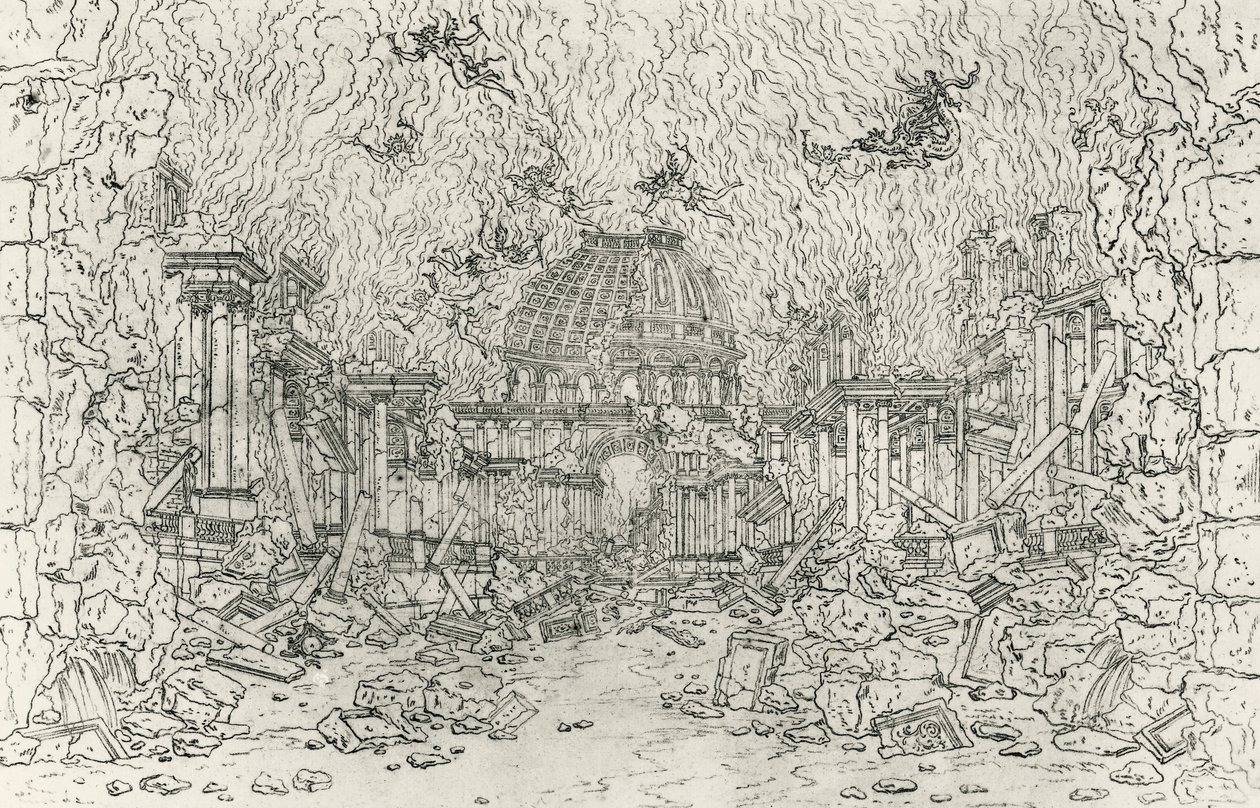 Destruição do edifício, esboço de Jean Berain (1640-1711), para Armide, de Jean-Baptiste Lully (1632-1687), França de Jean I  Berain