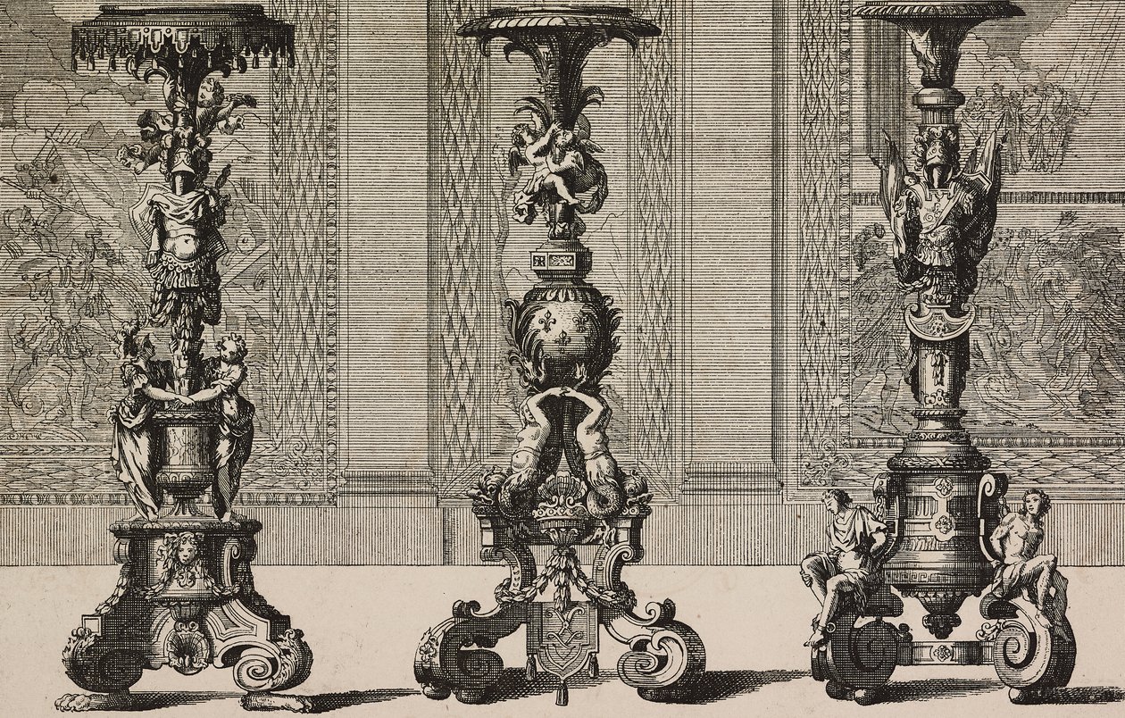 Grandes castiçais de bronze, gravados por Jean Berain (1640-1711) de L
