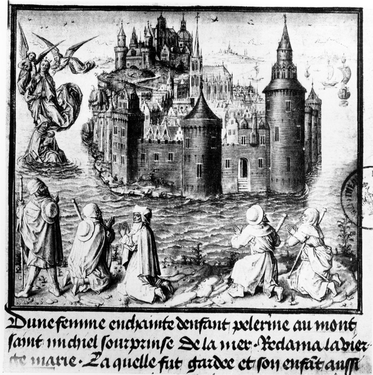 Mulher grávida em peregrinação ao Mont Saint-Michel é apanhada pela maré, mas milagrosamente salva através da intervenção da Virgem Maria de Jean I Le Tavernier