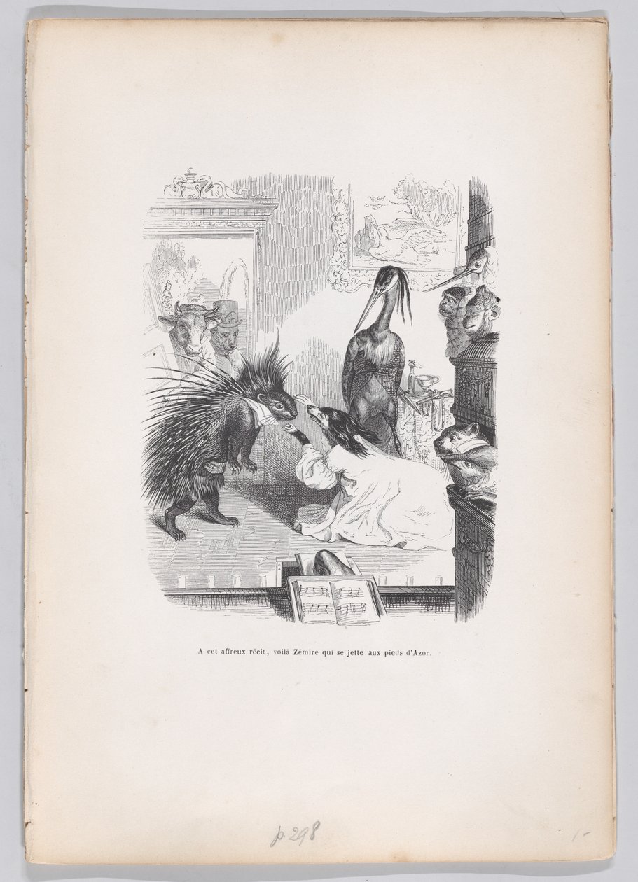 Nesta história assustadora, Zemire se joga aos pés de Azor de Cenas do ..., ca. 1837-47. de Jean Ignace Isidore Gérard
