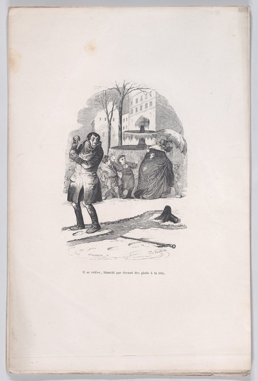 Ele levanta-se, coberto da cabeça aos pés pela neve. das Pequenas Misérias da Vida Humana, 1843. de Jean Ignace Isidore Gérard