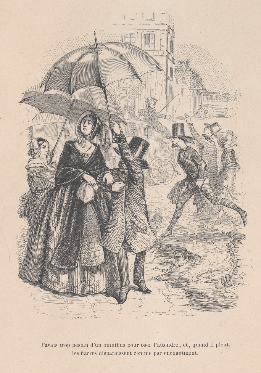 Eu precisava muito de um "omnibus", mas assim que começa a chover, todos eles parecem ter d..., 1843. de Jean Ignace Isidore Gérard