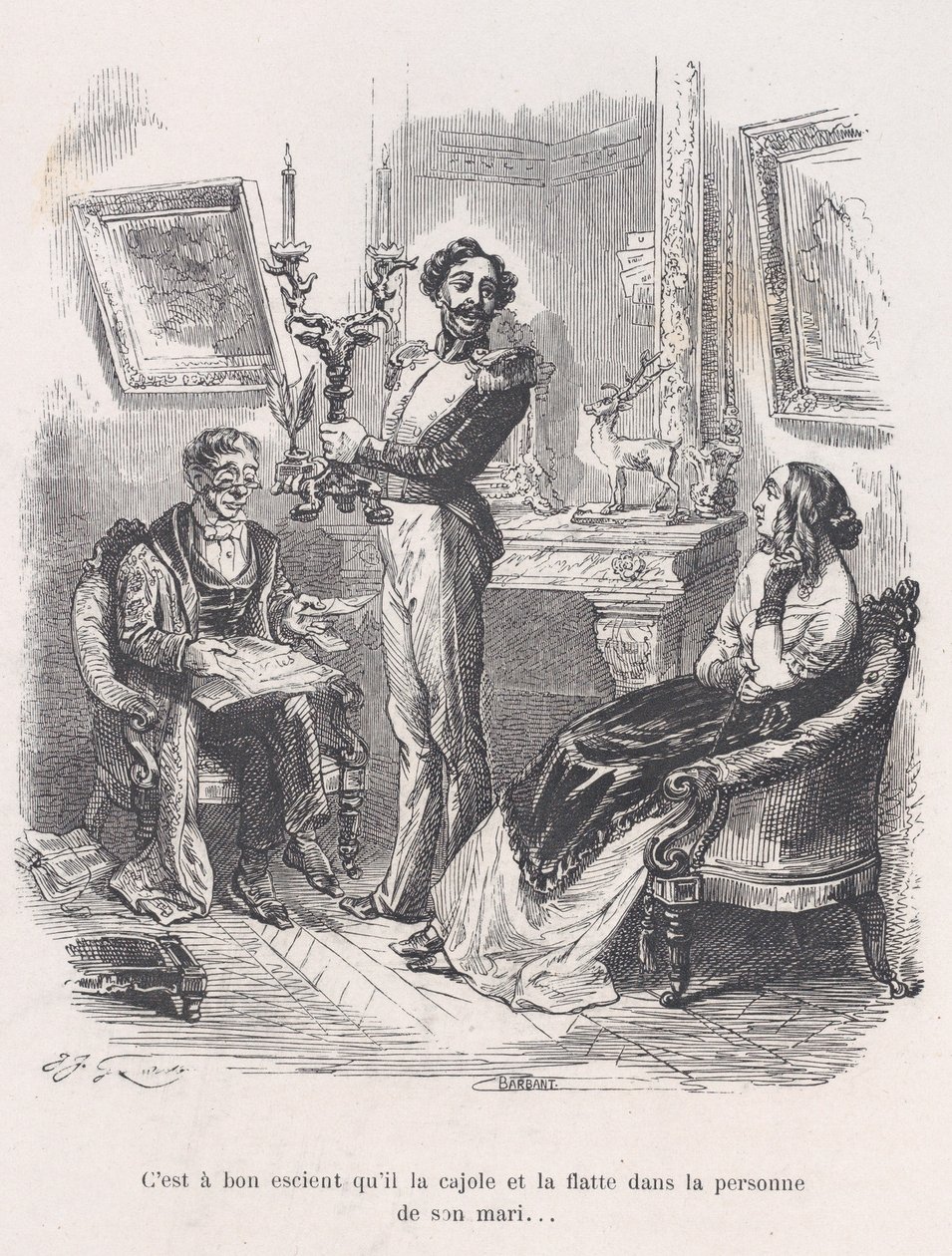 É bom que ele a persuade e a lisonjeia na frente do marido. da Pequena Miseri..., 1843. de Jean Ignace Isidore Gérard