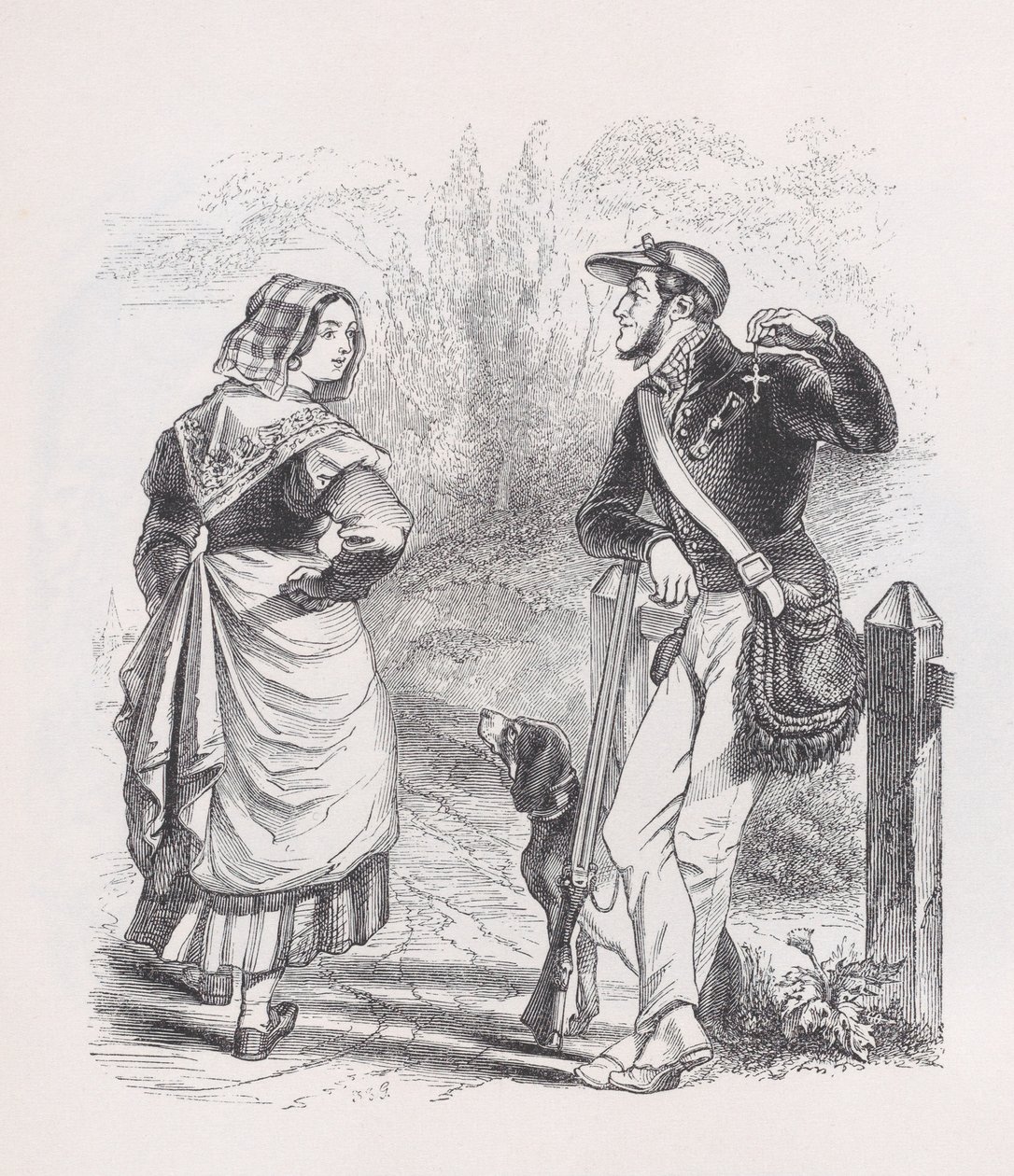 O caçador e a leiteira de The Complete Works of Béranger, 1836. de Jean Ignace Isidore Gérard