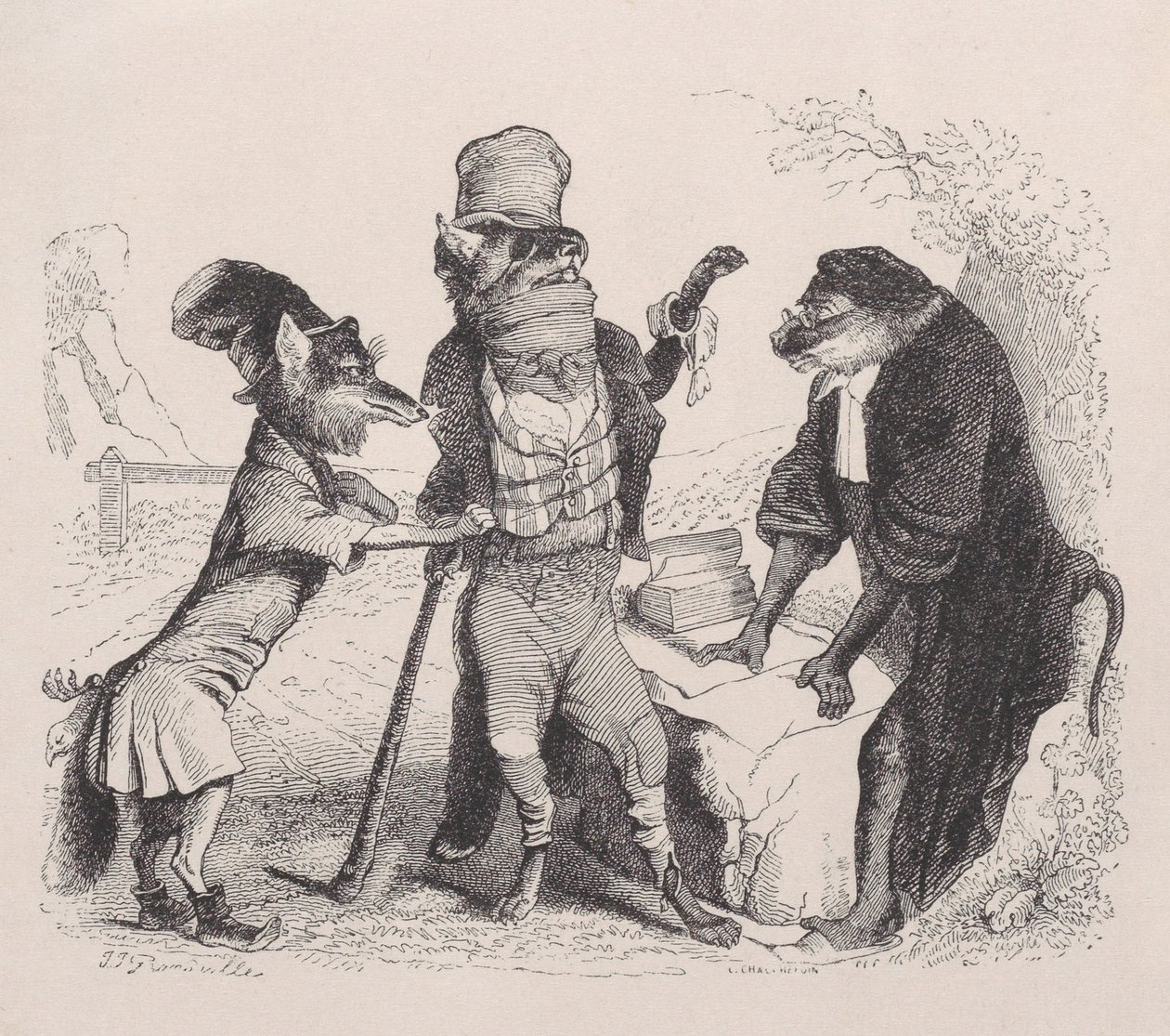 O Lobo implorando contra a Raposa, na frente do Macaco, c. 1838. de Jean Ignace Isidore Gérard