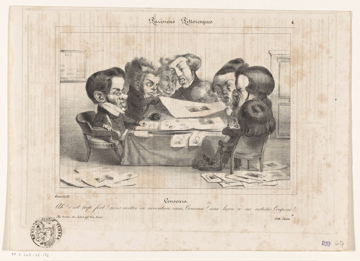 Caricatura de censores franceses Censores (título no objeto) Parisiens Picturesques (título da série no objeto) de Jean Ignace Isidore Gérard Grandville