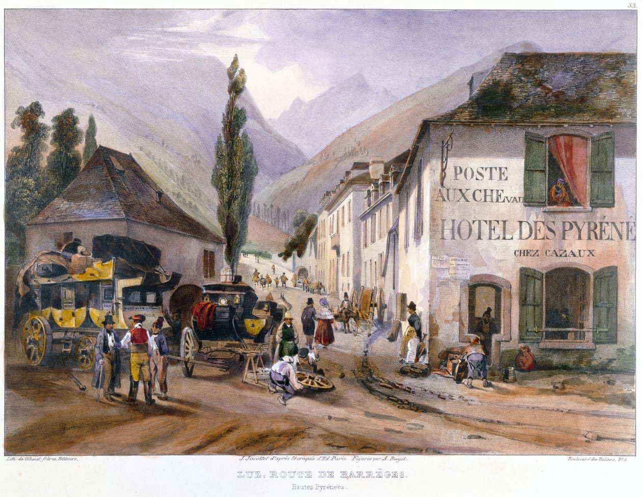 Chegada e reparo de uma diligência na Luz na estrada para Barreges, c.1840 de Jean Jacottet