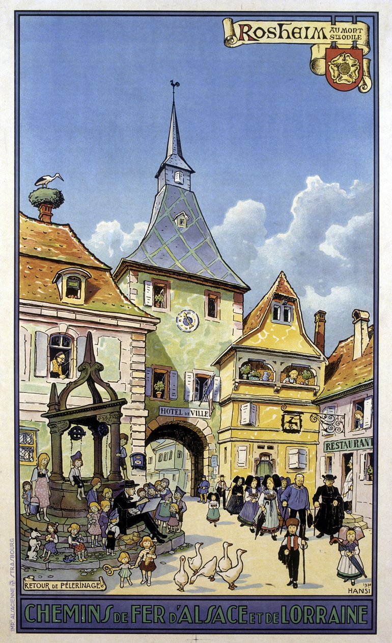 Regresso de peregrinação de Mont Sainte Odile a Rosheim - Cartaz dos caminhos-de-ferro da Alsácia e Lorena, de Hansi de Jean Jacques (1873 1951) Waltz