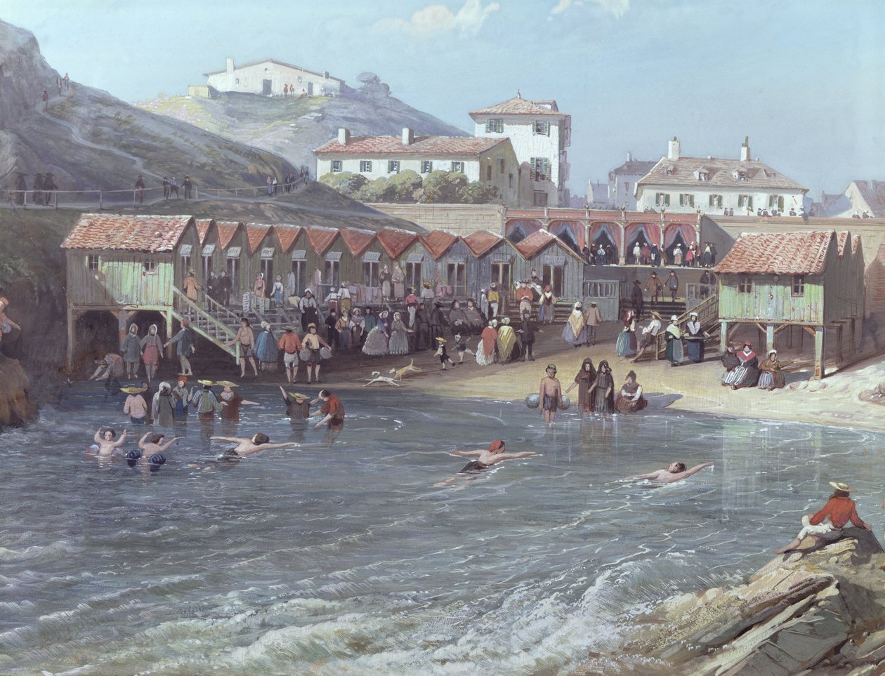 O início da natação do mar no antigo porto de Biarritz, 1858 óleo sobre tela detalhe de 175215 de Jean Jacques Alban de Lesgallery