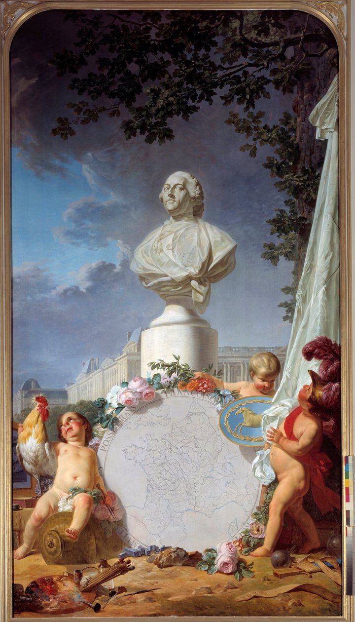 Europa académica Representação alegórica da glória da França, o busto de Luís XVI (1754-1793) domina um mapa de posses francesas, um galo, angelos e símbolos das artes e das ciências. Pintura de Jean Jacques Bachelier (1724-1806) 1762 Versaille de Jean Jacques Bachelier