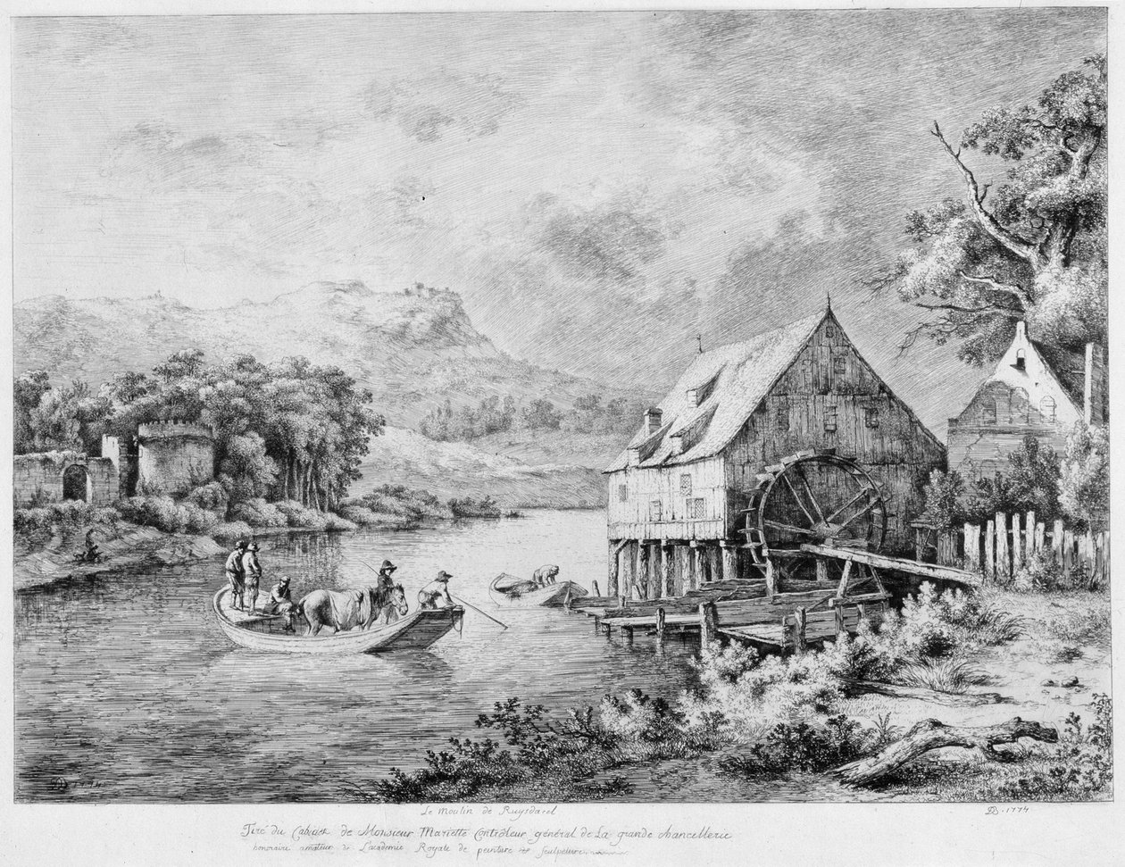 Um moinho nas margens do rio", 1774. de Jean Jacques Boissieu de