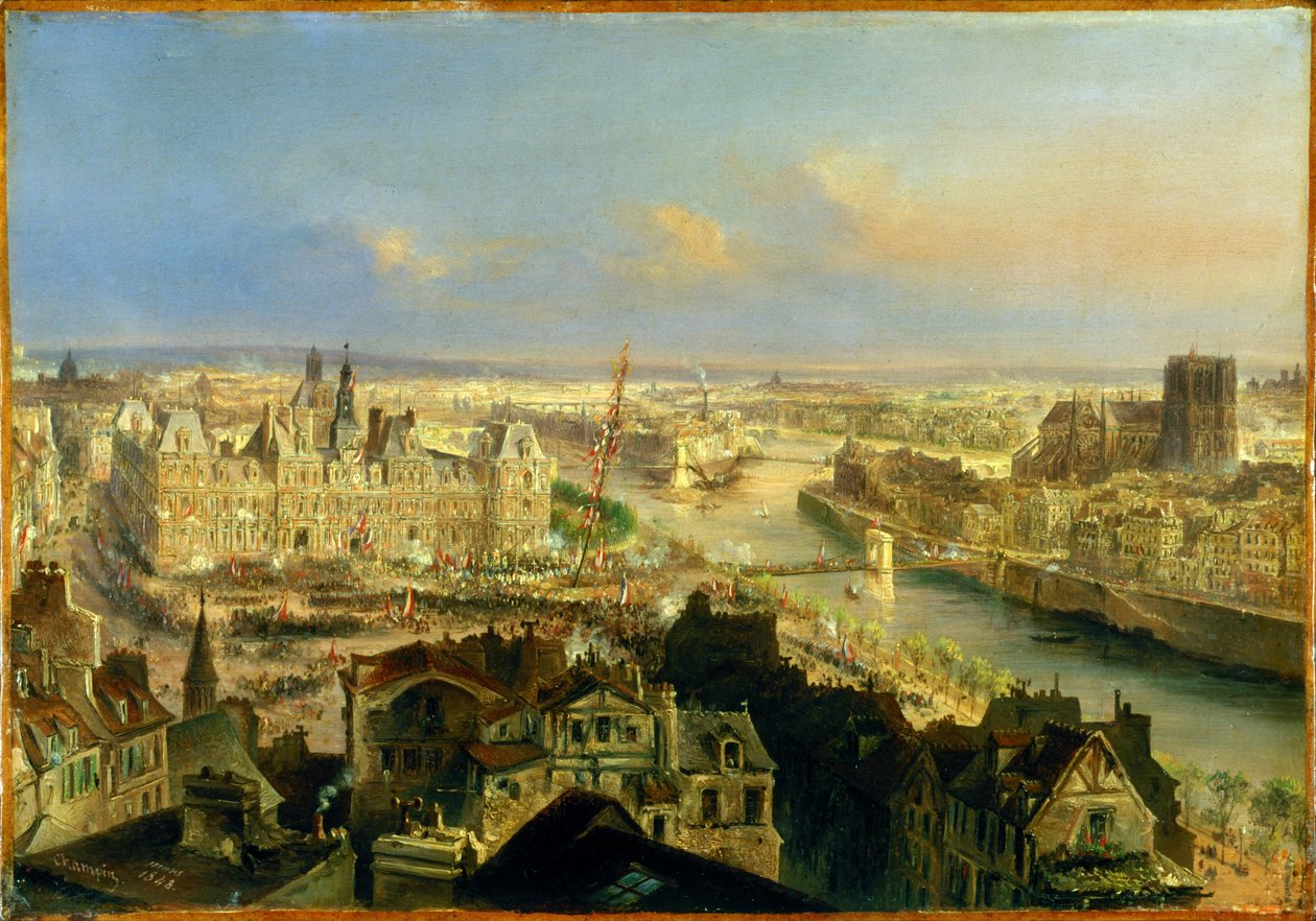 Plantação de uma árvore da liberdade, à frente do hotel de Ville, a 24 de março de 1848, em 3-1848 (óleo sobre papel sobre tela) de Jean Jacques Champin