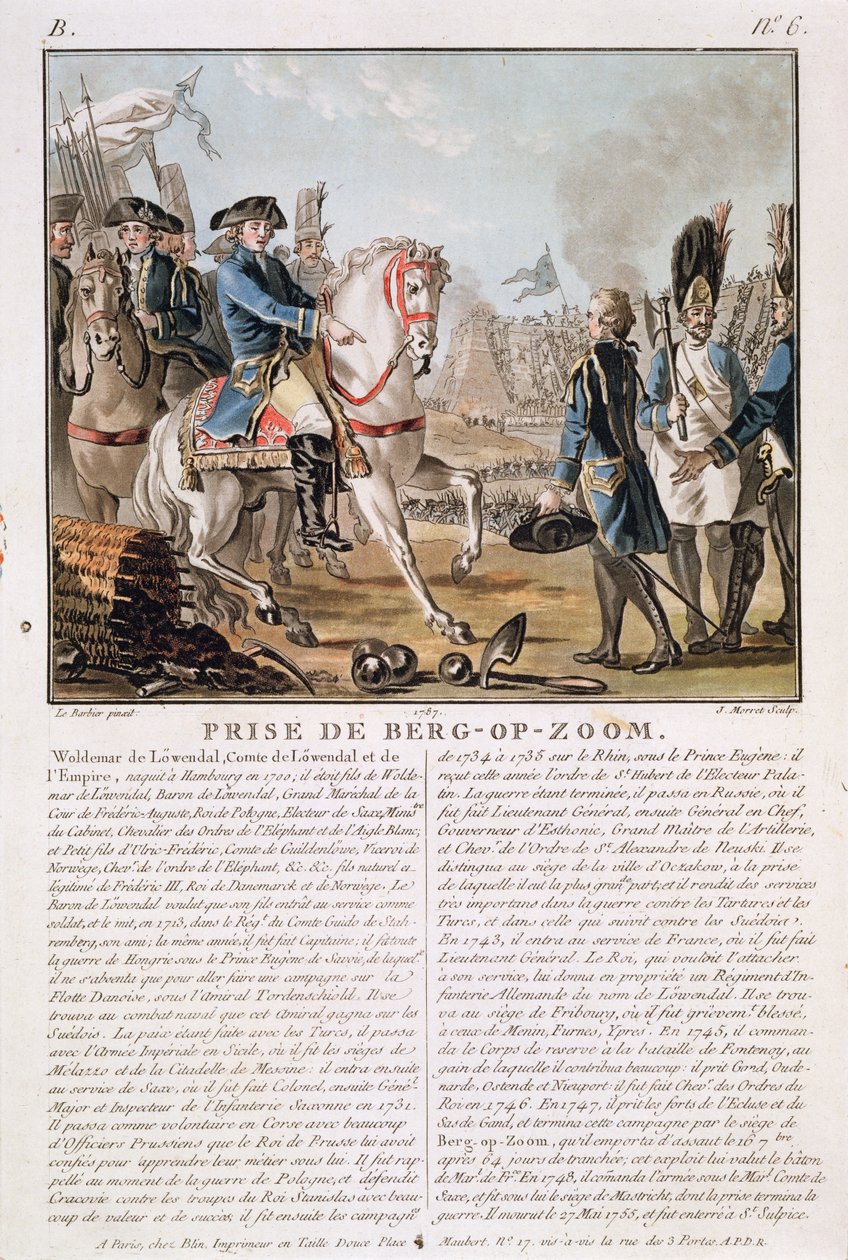 A tomada de Berg-op-Zoom, Holanda, 1747, gravado por Jean Baptiste Morret (fl.1790-1820), 1787 de Jean Jacques Francois Le Barbier