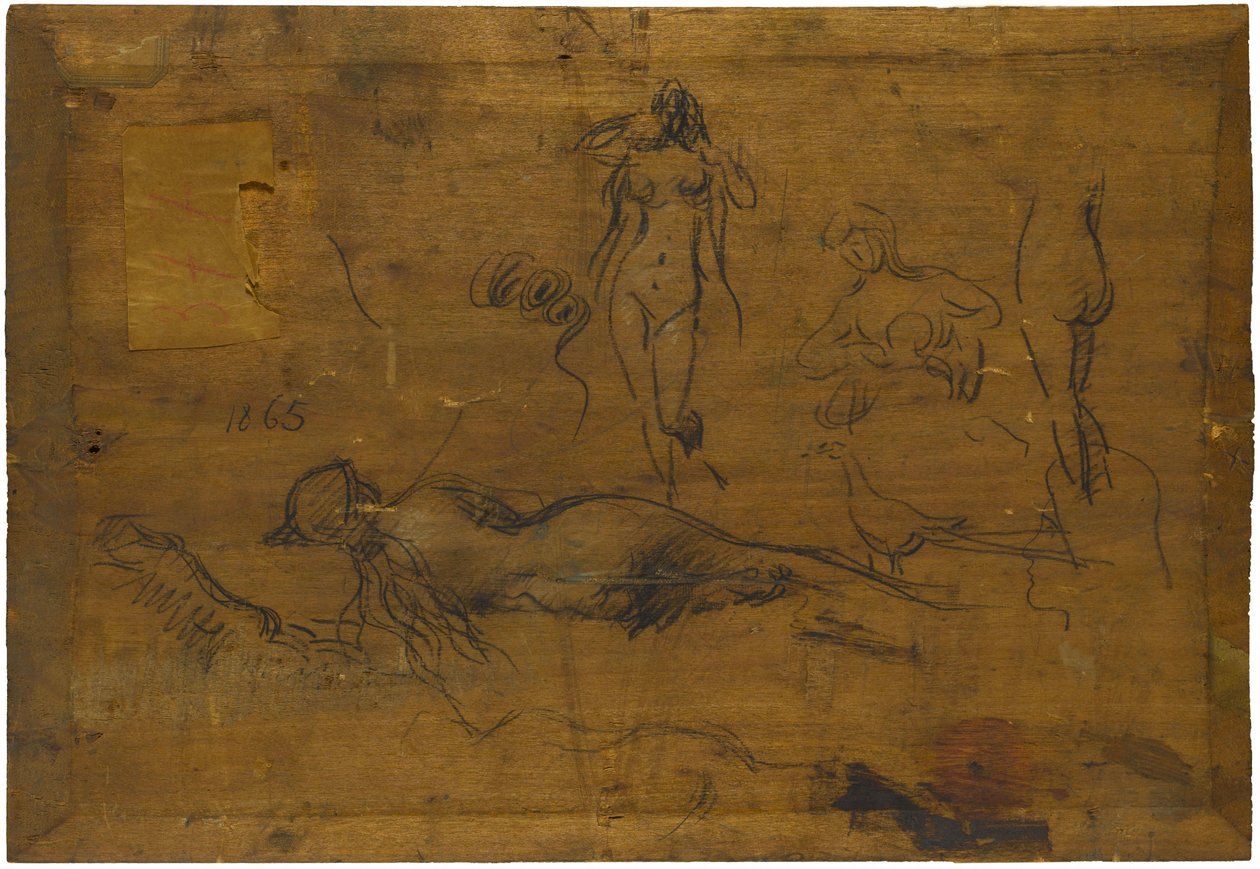Fillette au ruban bleu (anverso) / Cinco estudos de nus, um pavão e uma cabeça de perfil (verso) de Jean Jacques Henner