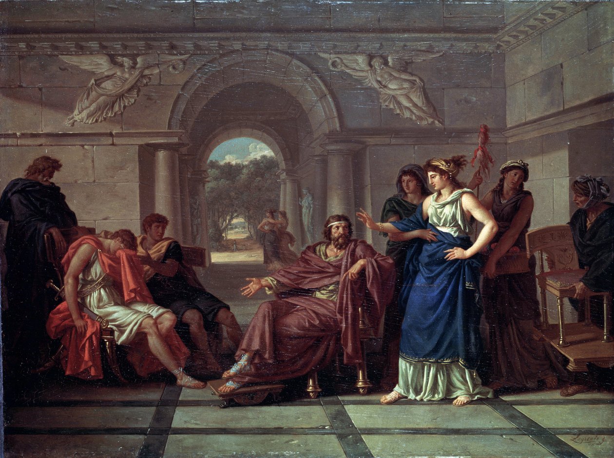 Helena Reconhecendo Telemachus, Filho de Odisseu. Cena da mitologia grega, na Odisseia de Homero (finais do século VIII a.C.). Pintura de Jean Jacques Lagrenee (1739-1821), óleo sobre madeira de Jean Jacques II Lagrenee
