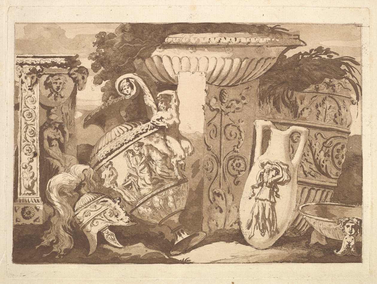 Composição com os Fragmentos Antigos e um Vaso Inclinado, do Recueil de Compositions..., 1782-84. de Jean Jacques Lagrenee