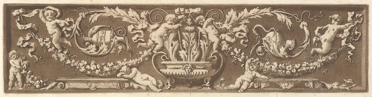 Friso ornamental com putti, folhas de acanto e guirlandas de frutas, de Recueil de Diff..., 1784. de Jean Jacques Lagrenee