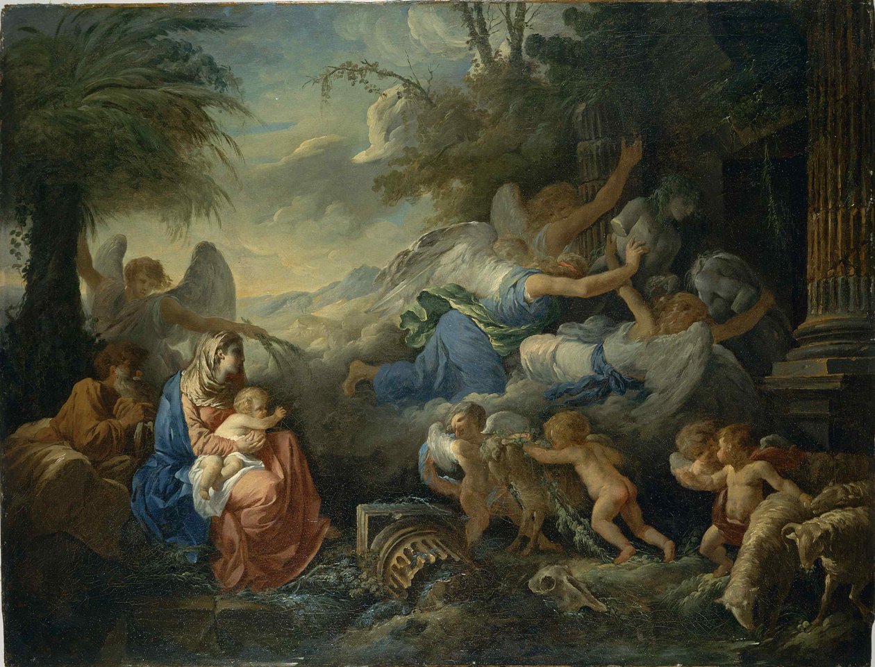 A Queda dos Ídolos e o Descanso na Fuga para o Egito, ca 1775. de Jean Jacques Lagrenee