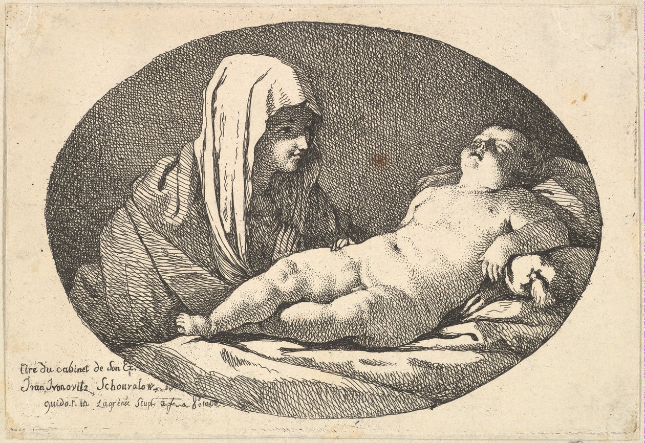 A Virgem à esquerda observando o menino Jesus dormindo, uma composição oval, depois de ..., 1760-63. de Jean Jacques Lagrenee