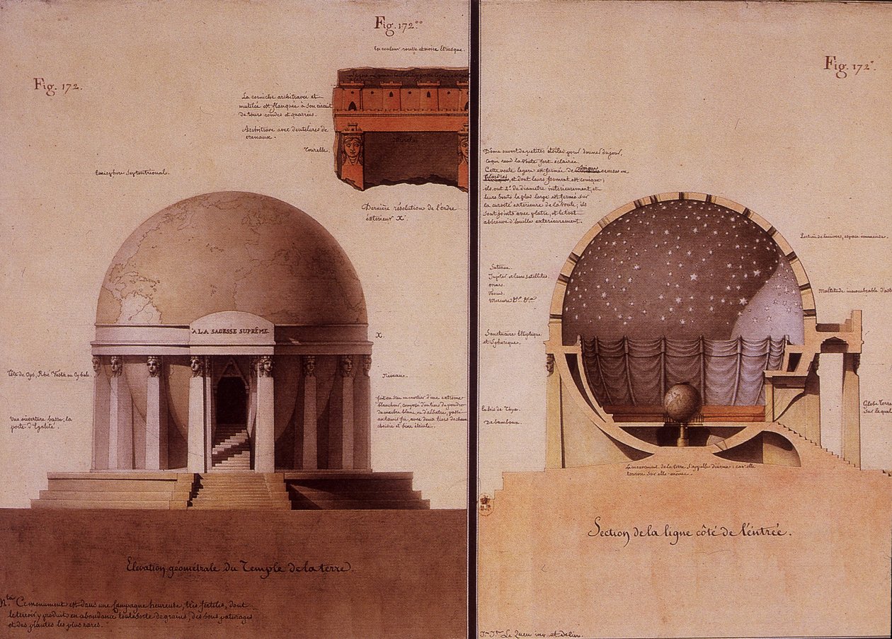 O Templo da Terra - Elevação e Corte por Lequeu de Jean Jacques Lequeu