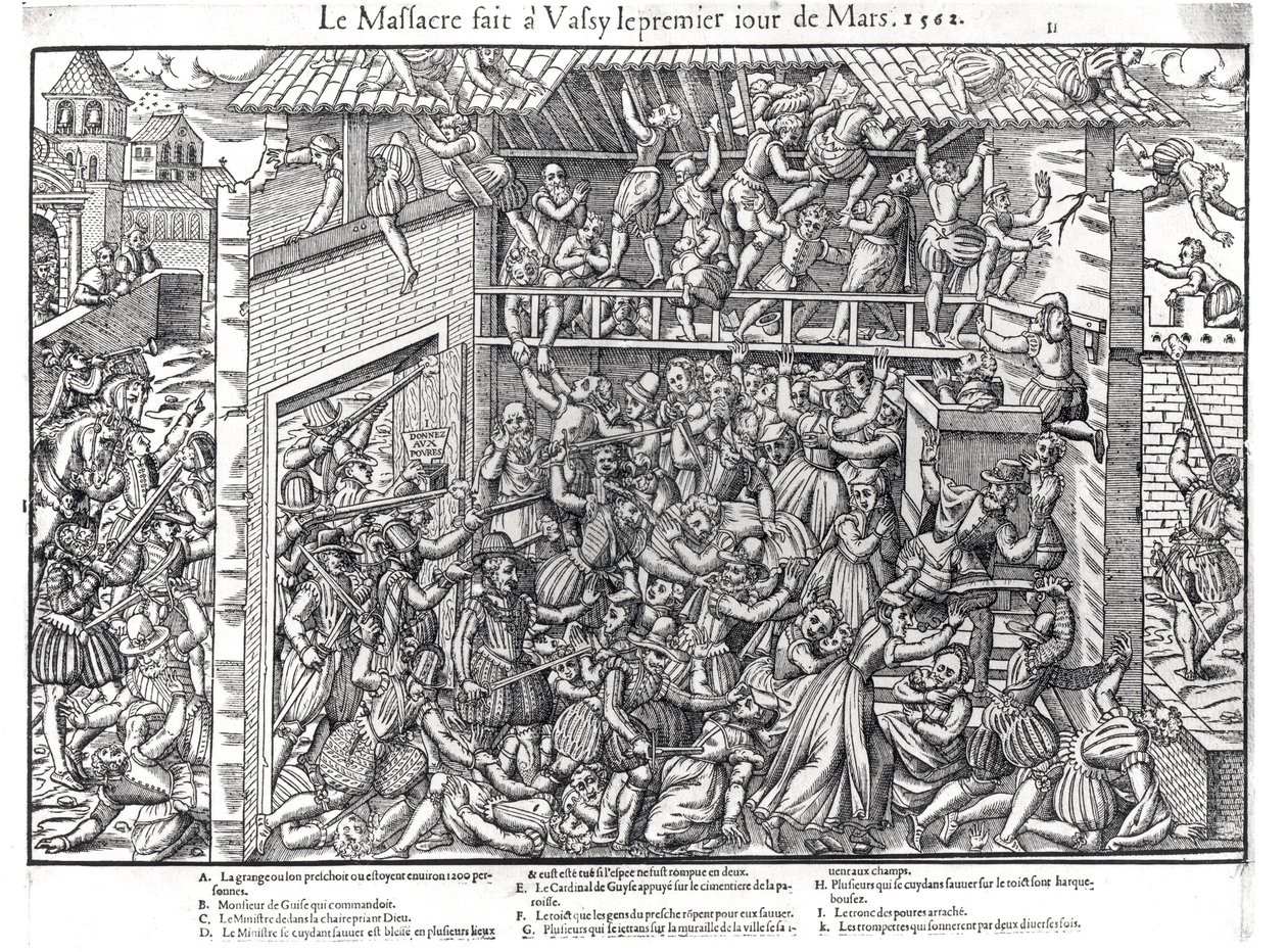 O Massacre da População Protestante pelas Tropas do Duque de Guise em Wassy-sur-Blaise, 1º de março de 1562, gravado por Jacques Tortorel (1568-92) de Jean Jacques Perrissin