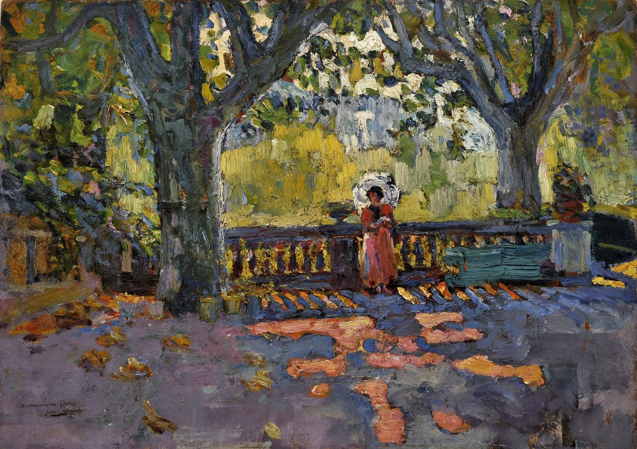 A jovem mulher tem o guarda-chuva no terraço sombreado. Pintura de Jean-Jacques Roque (Jean Jacques Roque de Jean Jacques Roque
