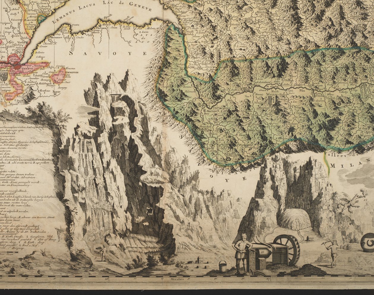 Um novo mapa geográfico da Suíça com os cantões e assuntos públicos mais famosos e poderosos da religião reformada de Tigurina, Berna, Glarus, Basileia, Scafusiana, Abade Cellana, detalhe, c.1712 (impressão colorida à mão) de Jean Jacques Scheuchzer