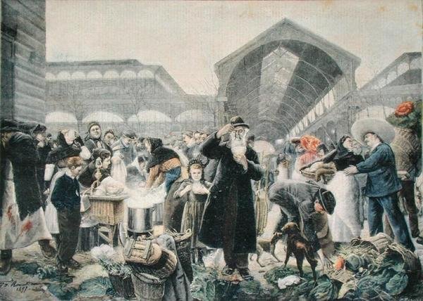 Carrinho de sopa no mercado Les Halles de manhã, ilustração do Le Petit Journal, 2 de março de 1897, gravado por Fortune-Louis Meaulle (1844-1901) de Jean Jacques after Rousseau