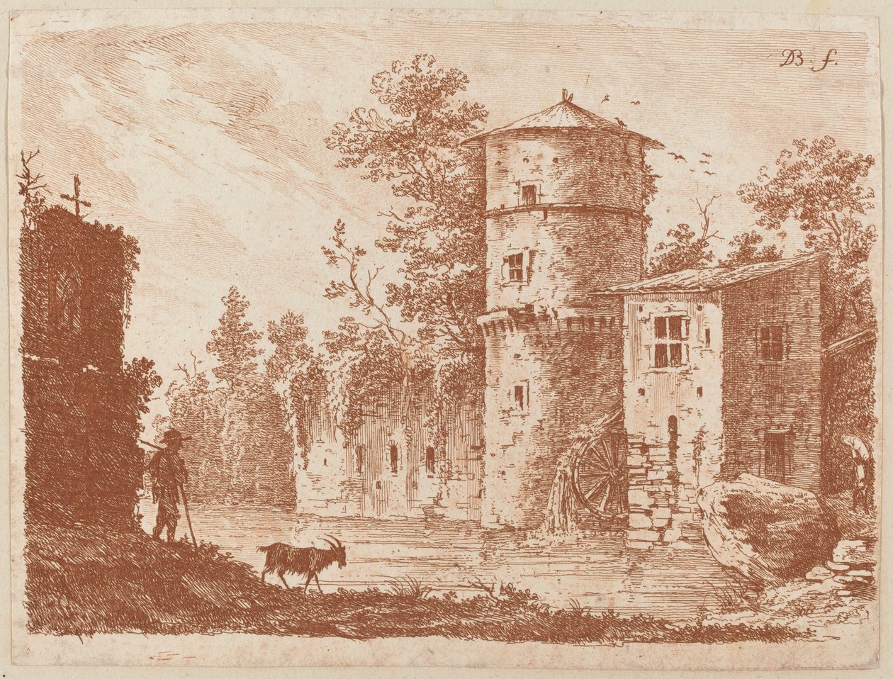 Torre antiga em um moinho de água de Jean Jacques de Boissieu