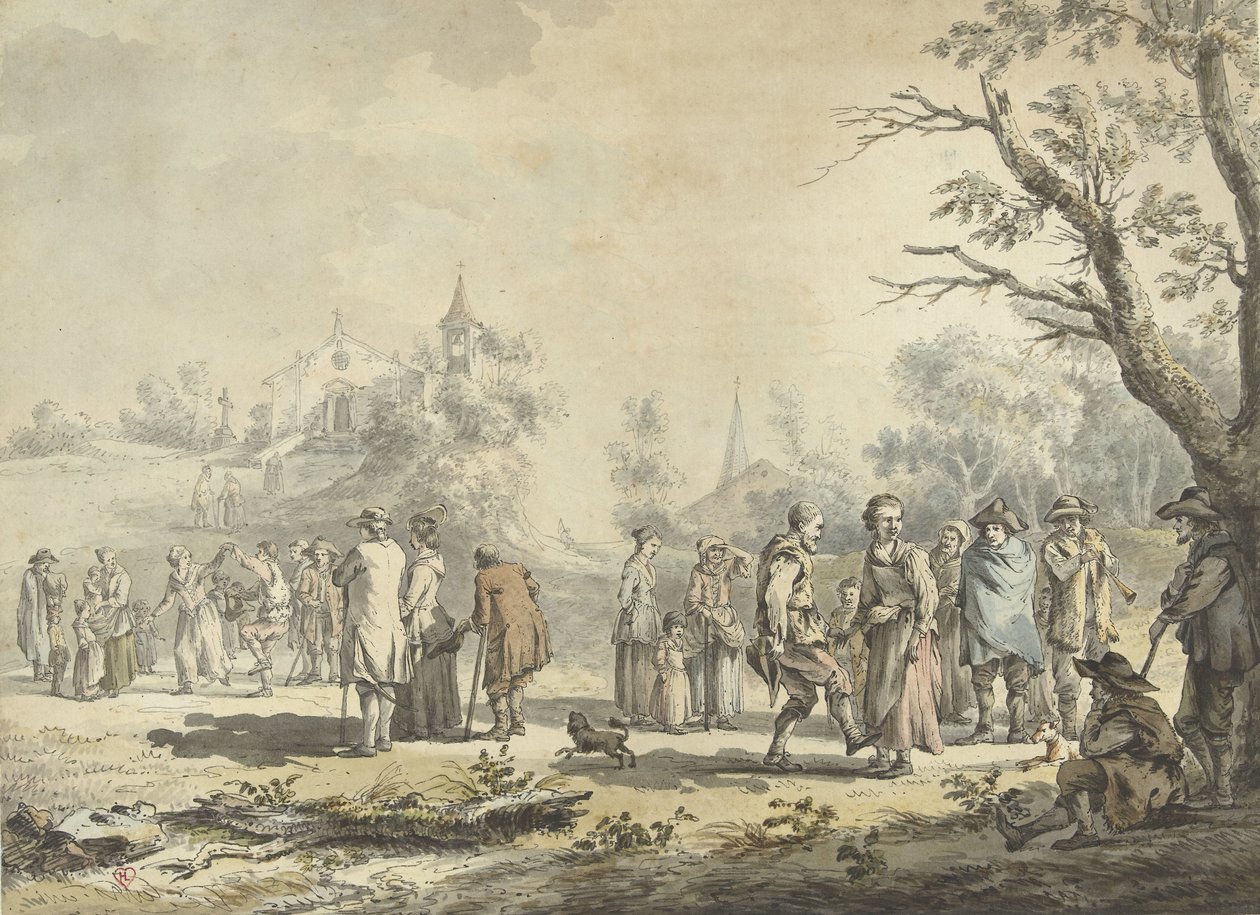 Homens e espectadores que dançam perto de uma aldeia
La Fête du village (título sobre o objecto) de Jean Jacques de Boissieu