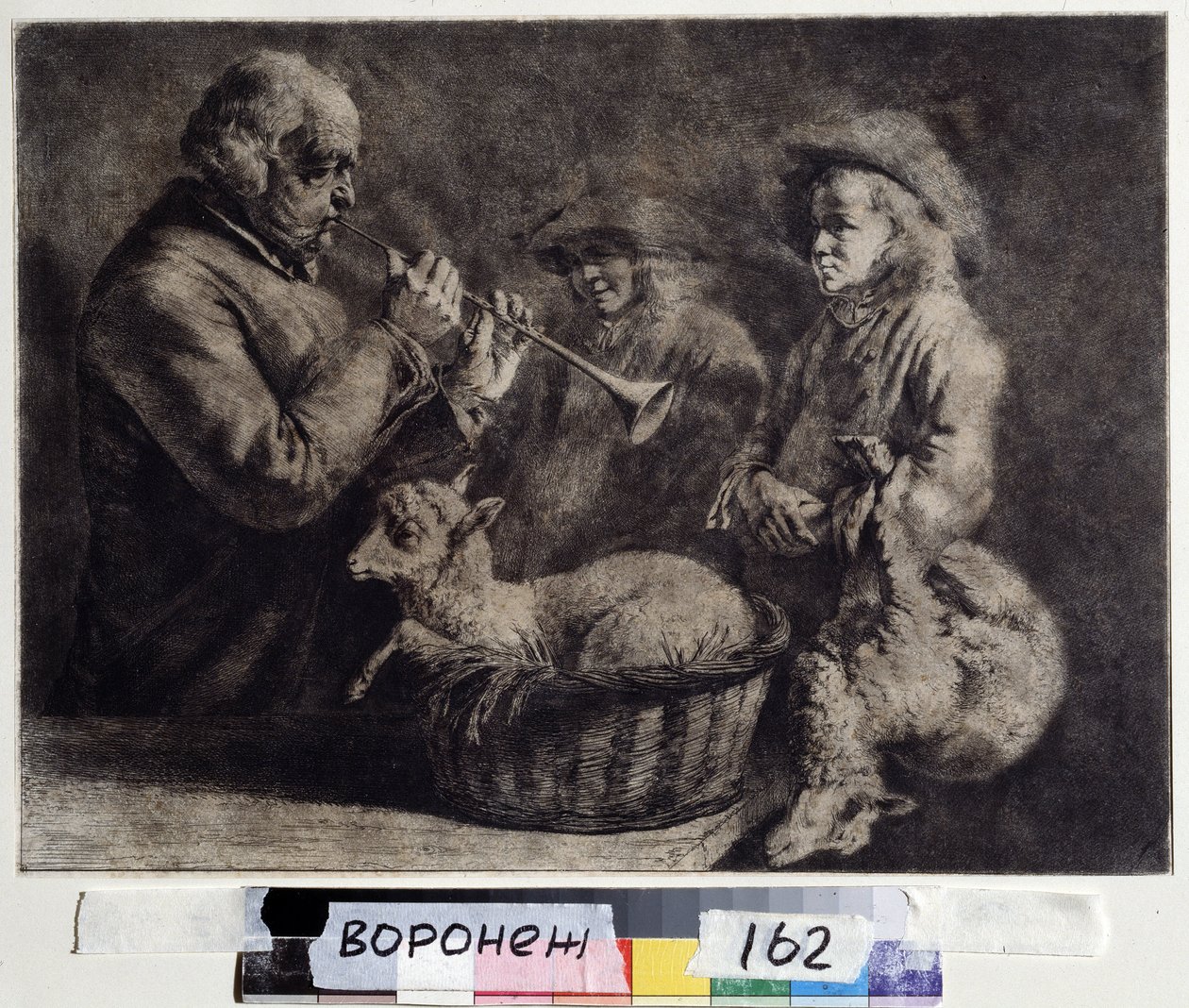 ""O oboísta"" (oboísta) Um músico tocando oboé na frente de dois pastores. Xilogravura de Jean Jacques de Boissieu (1736-1810) 1772 Museu de Belas Artes Ivan Kramskoy (ou Kramskoi) em Voronezh (Voronezh), Rússia. de Jean Jacques de Boissieu